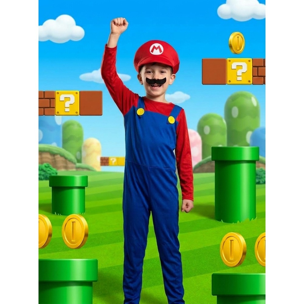 Super Mario Brothers Kids Costume Jumpsuit with Hat and Mustache Red Blue Size M